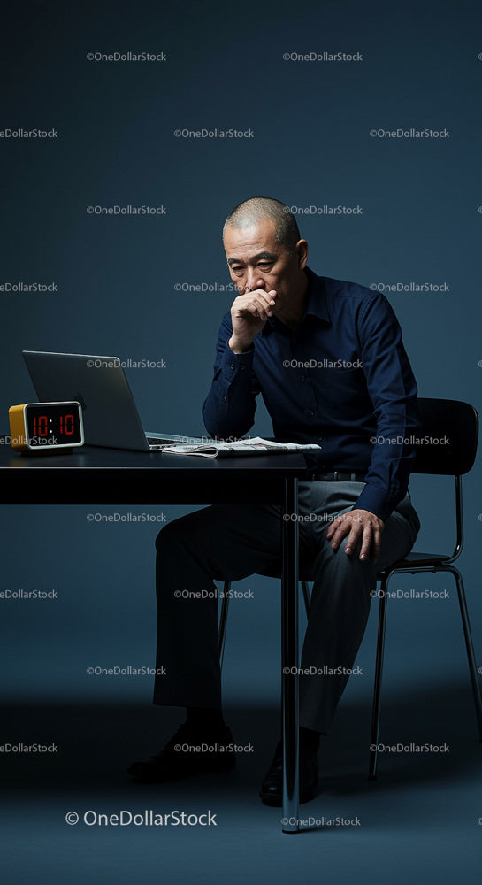 Pensive Businessman Working Late on Laptop