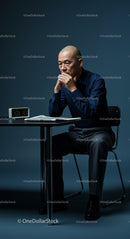 Contemplative Man Seated at Table in Minimalist Setting