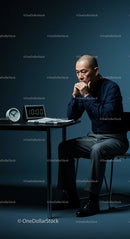 Reflective Businessman Pondering With Alarm Clock at 10:00 AM