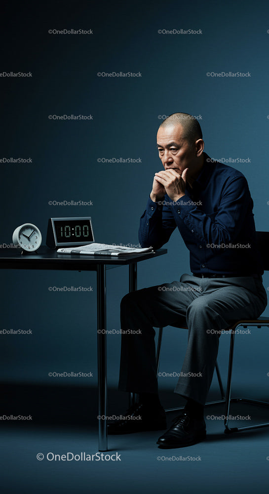 Reflective Businessman Pondering With Alarm Clock at 10:00 AM