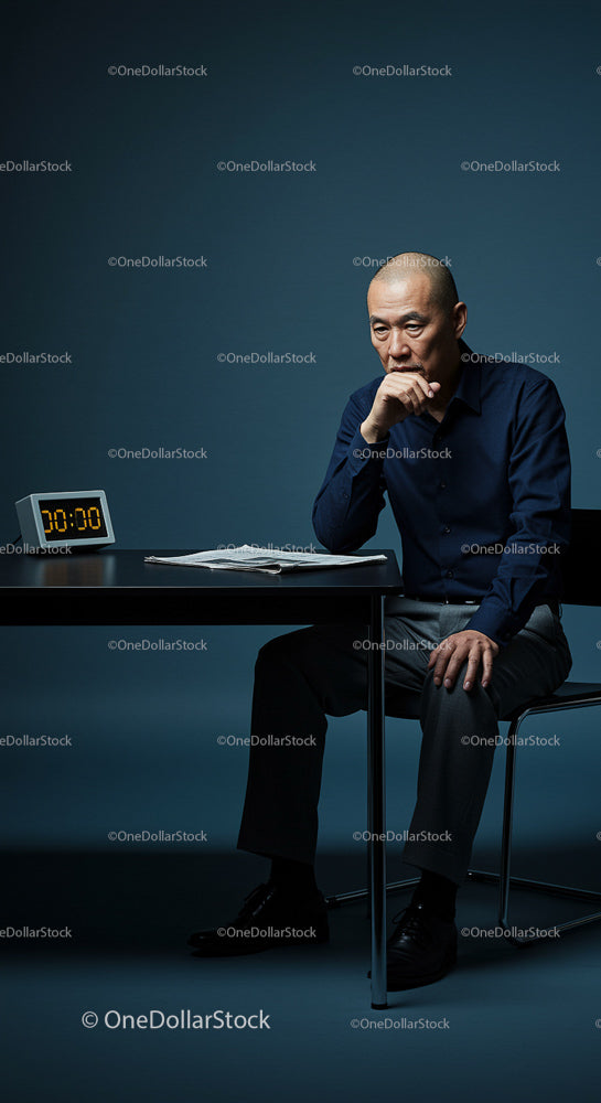 Thoughtful Man at Desk with Digital Clock in Modern Office
