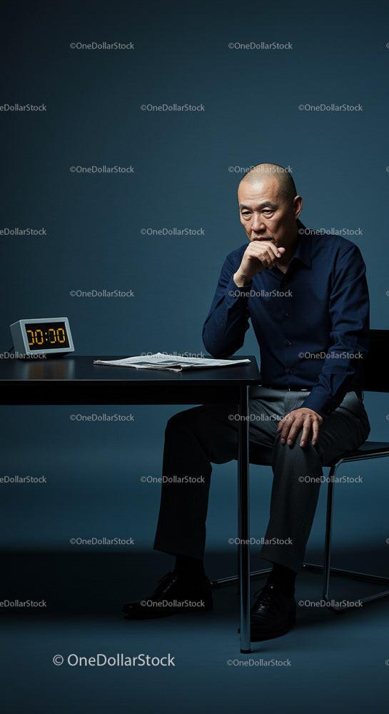 Thoughtful Man at Desk with Digital Clock in Modern Office