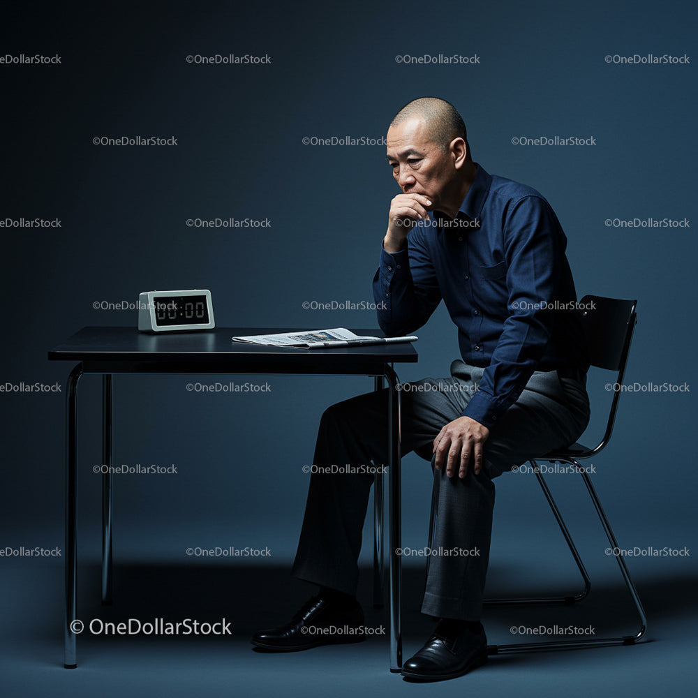 Thoughtful Businessman in Dark Blue Shirt in Modern Office