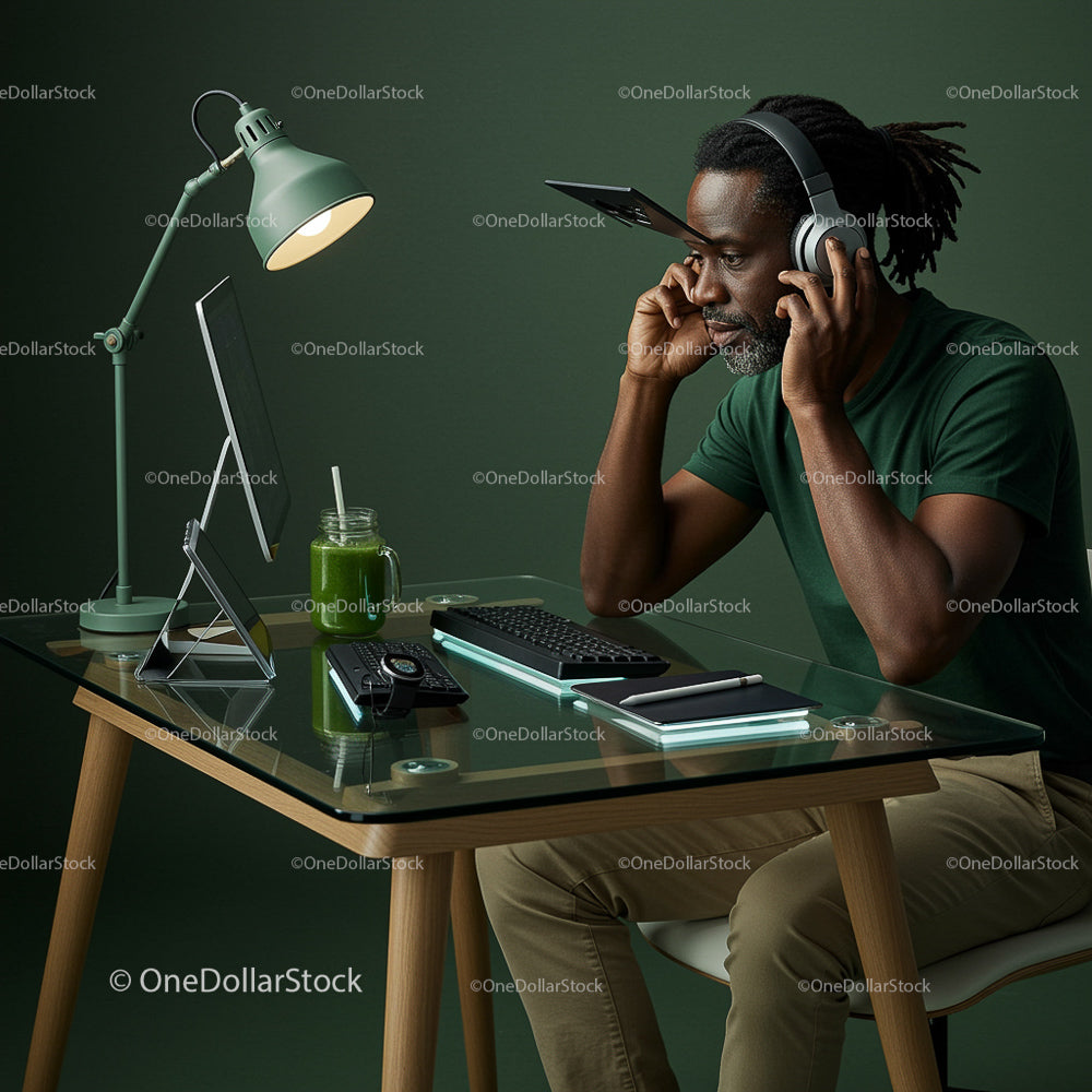Man in Home Office with Headphones and Digital Devices