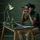 Man in Home Office with Headphones and Digital Devices