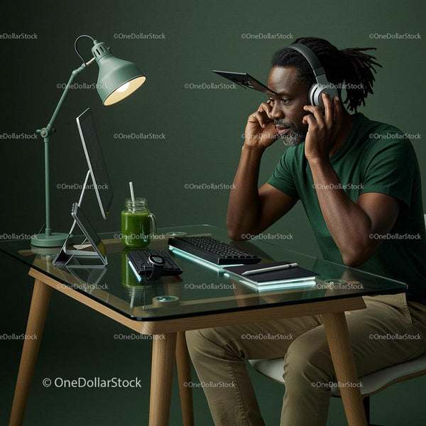 Man in Home Office with Headphones and Digital Devices