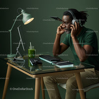 Focused Man Working in a Modern Green Home Office