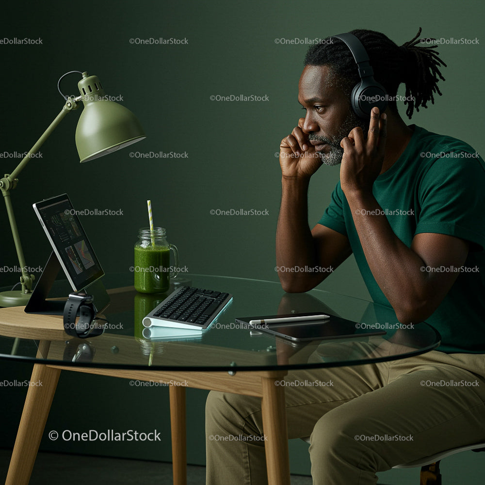 Man Working Remotely with Headphones in Modern Home Office