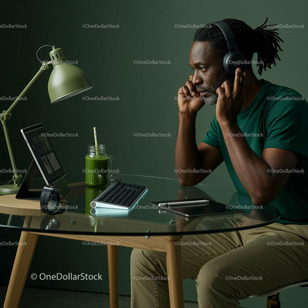 Man Working Remotely with Headphones in Modern Home Office