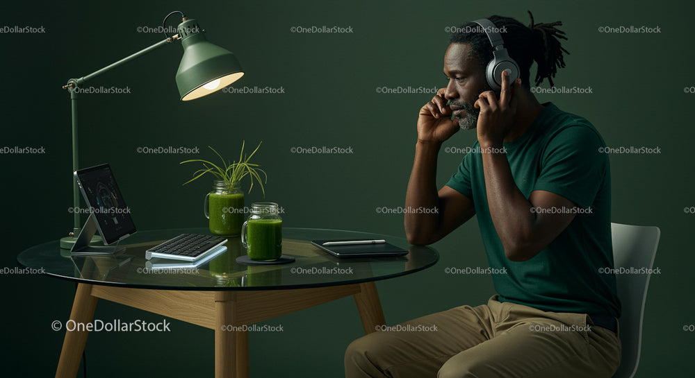 Man with Headphones in Modern Green Workspace