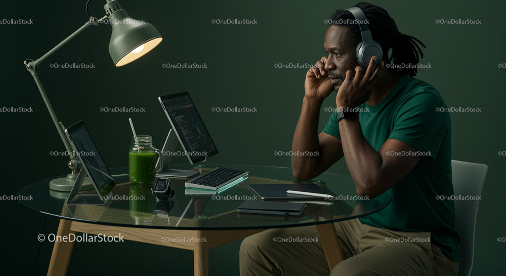 Man Working at Modern Home Office Desk with Tech Gadgets
