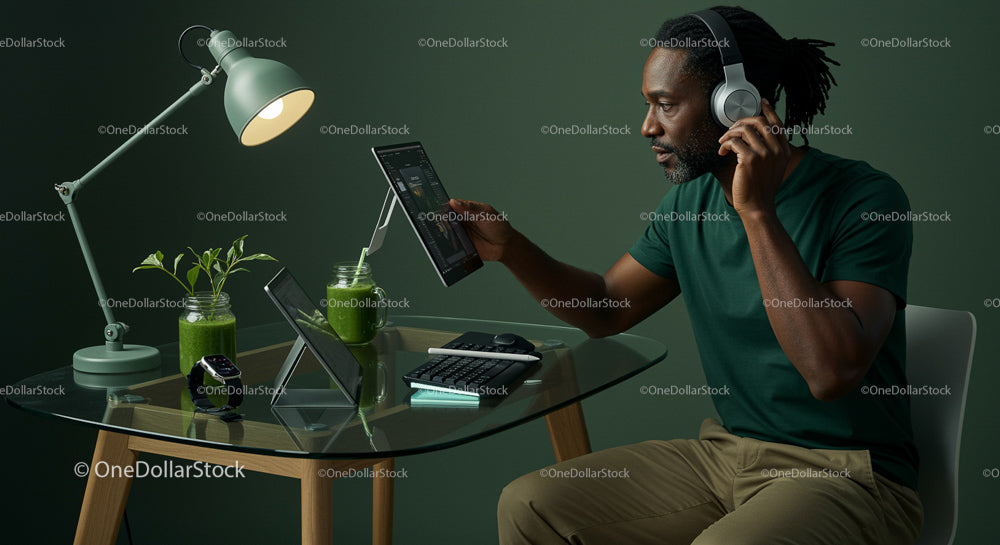 Man Engaged in Digital Work at a Modern Green Workspace