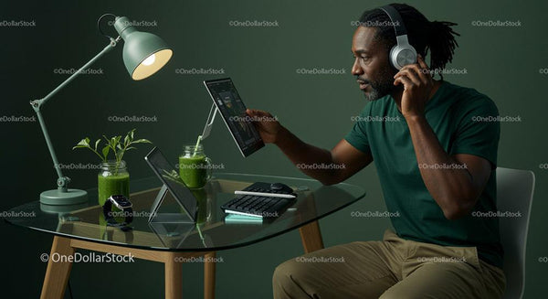 Man Engaged in Digital Work at a Modern Green Workspace
