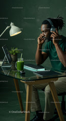 Man Focused on Work at Modern Home Office with Smoothie
