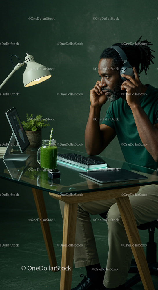Man Focused on Work at Modern Home Office with Smoothie
