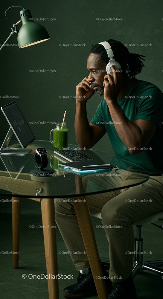 Man in Green Shirt Working from Home at Modern Workspace