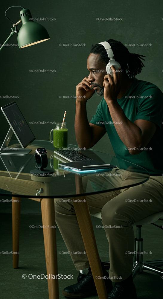 Man in Green Shirt Working from Home at Modern Workspace