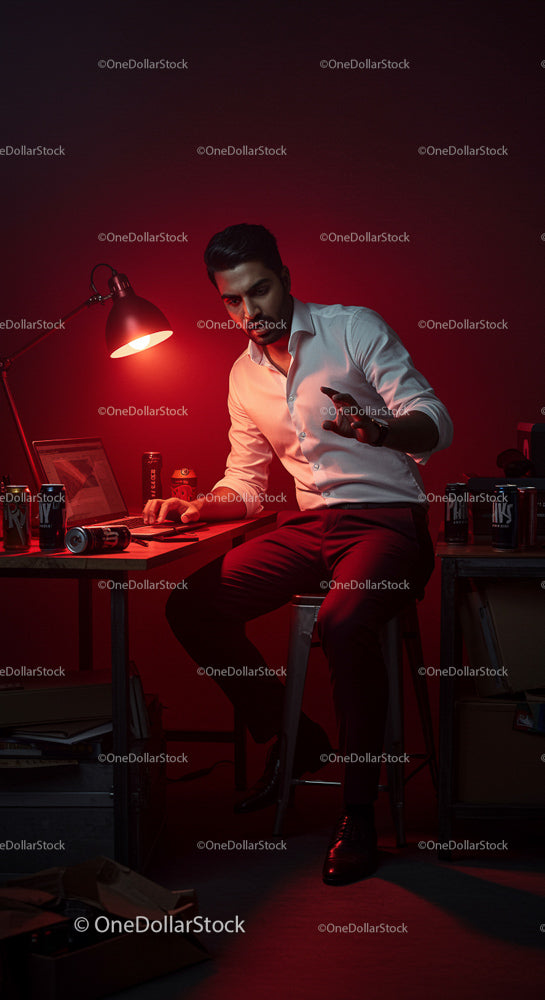Focused Professional Working Late in Red-Hued Office