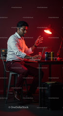 Focused Man Working Late at Laptop in Red-Lit Office