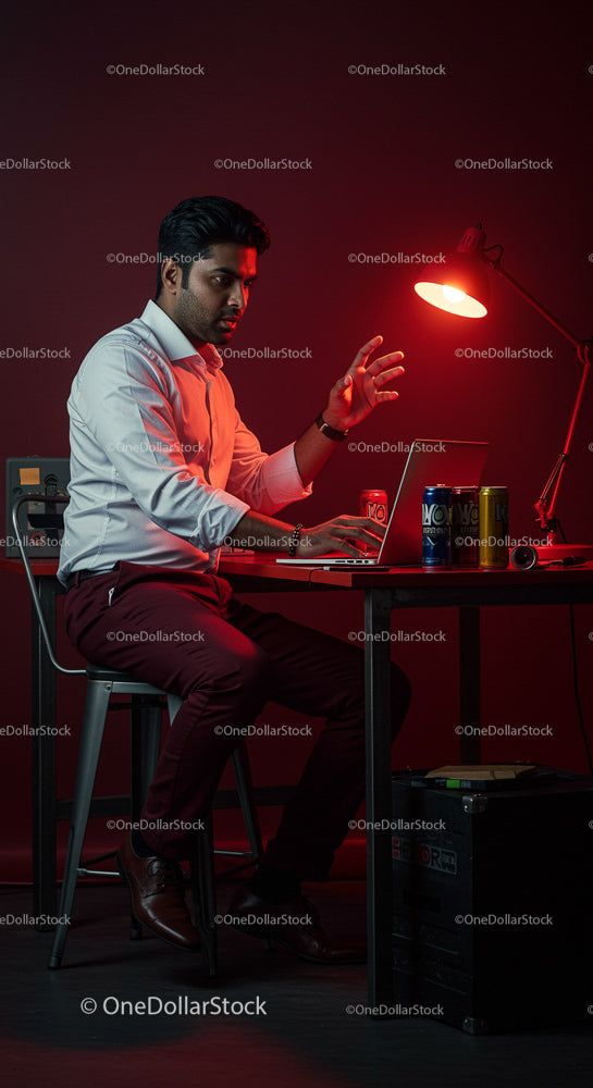 Focused Man Working Late at Laptop in Red-Lit Office