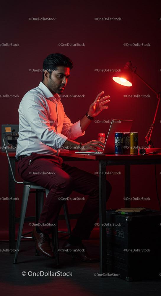 Focused Man Working Late at Laptop in Red-Lit Office