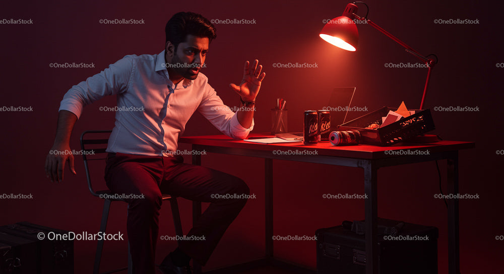 Contemplative Man in a Modern Red-Lit Office
