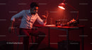 Contemplative Man in a Modern Red-Lit Office