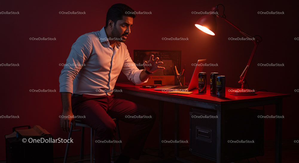 Man in Red Lit Office Working on Laptop at Night