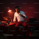 Man Working Late in Red-Tinted Home Office