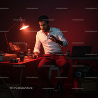 Man Working Late in Red-Tinted Home Office