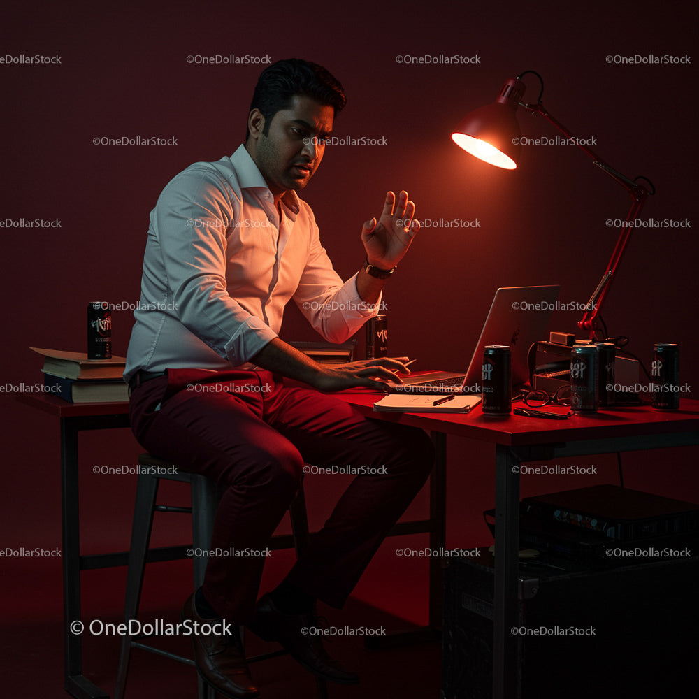 Focused Man Working Late Night in Modern Office