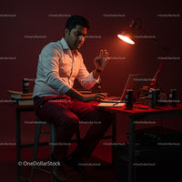 Focused Man Working Late Night in Modern Office