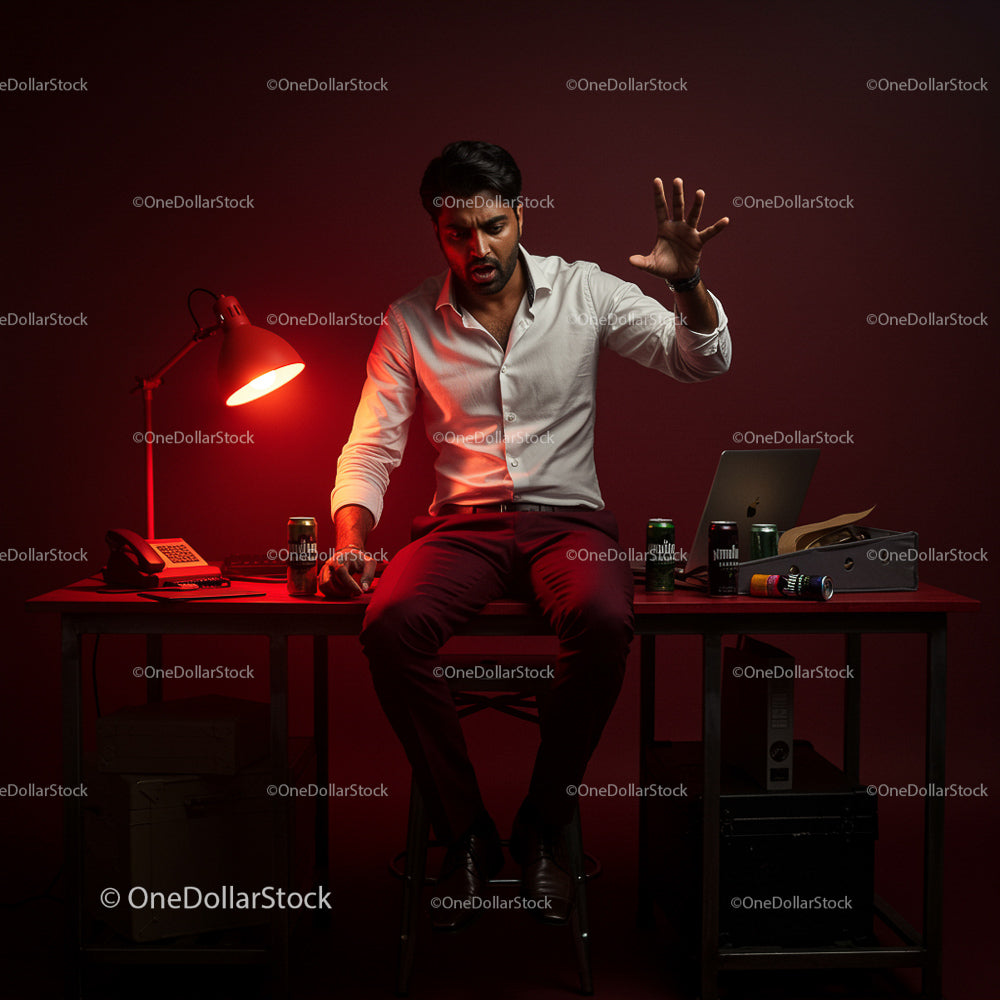 Stressed Businessman in Red-Lit Office Environment