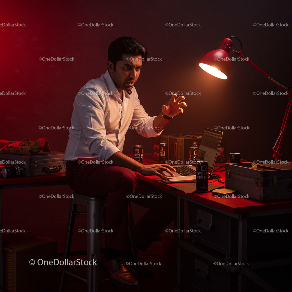 Man Working Late in Red-Lit Modern Office
