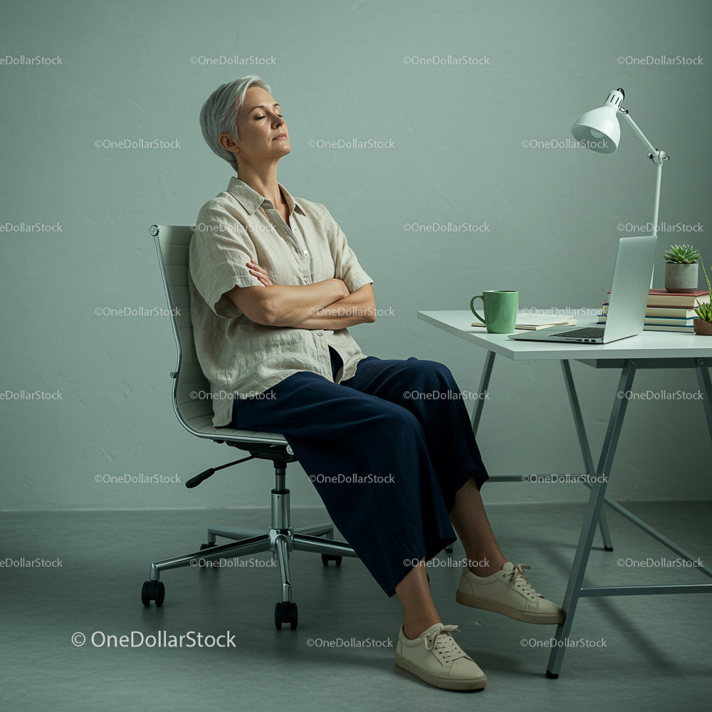 Senior Woman Relaxing in Modern Office Setting