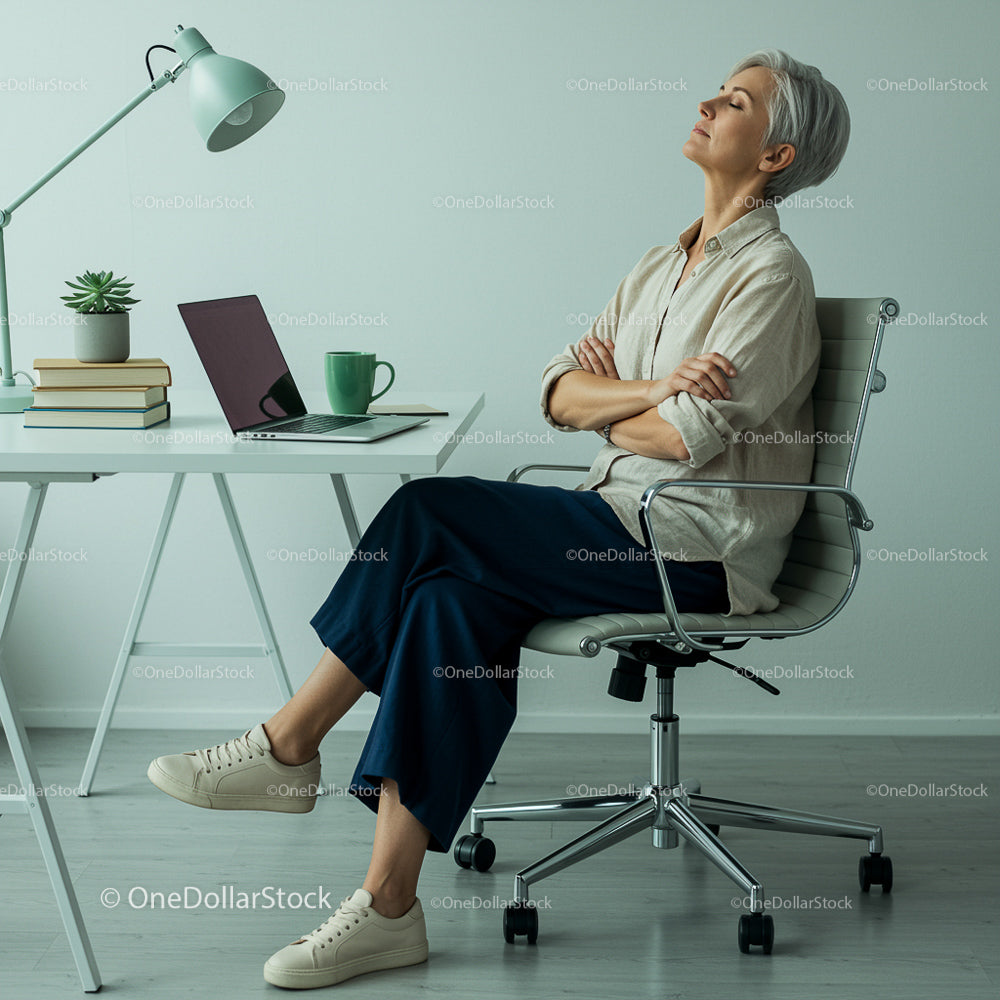 Woman Relaxing in Modern Office Chair with Closed Eyes