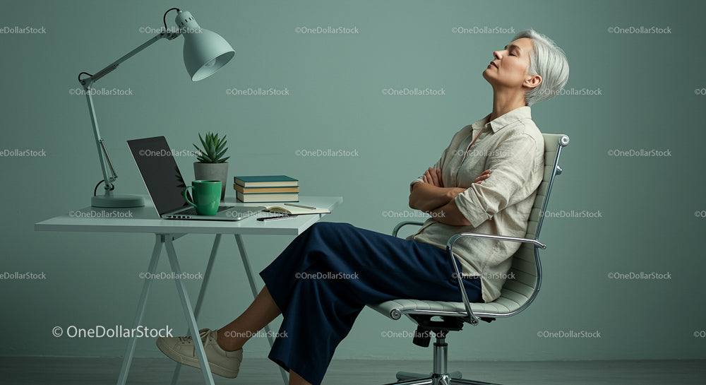 Relaxed Mature Woman Enjoying a Break in a Modern Office