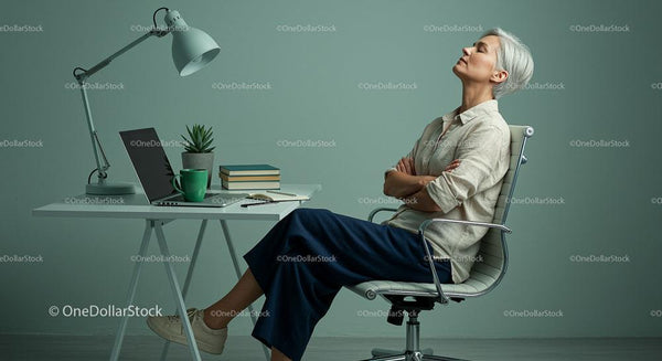 Relaxed Mature Woman Enjoying a Break in a Modern Office
