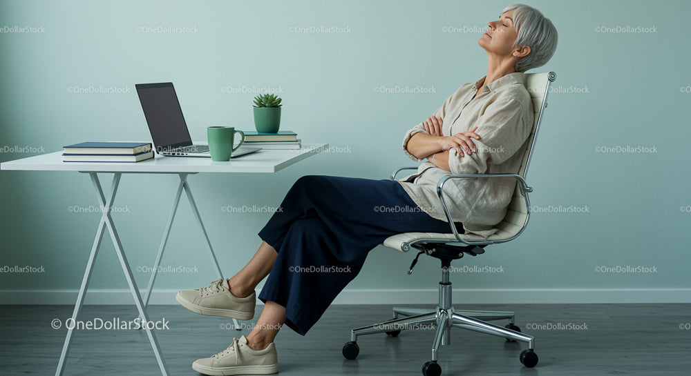 Senior Woman Taking a Relaxing Break in Modern Office