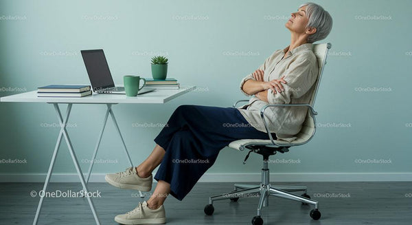 Senior Woman Taking a Relaxing Break in Modern Office