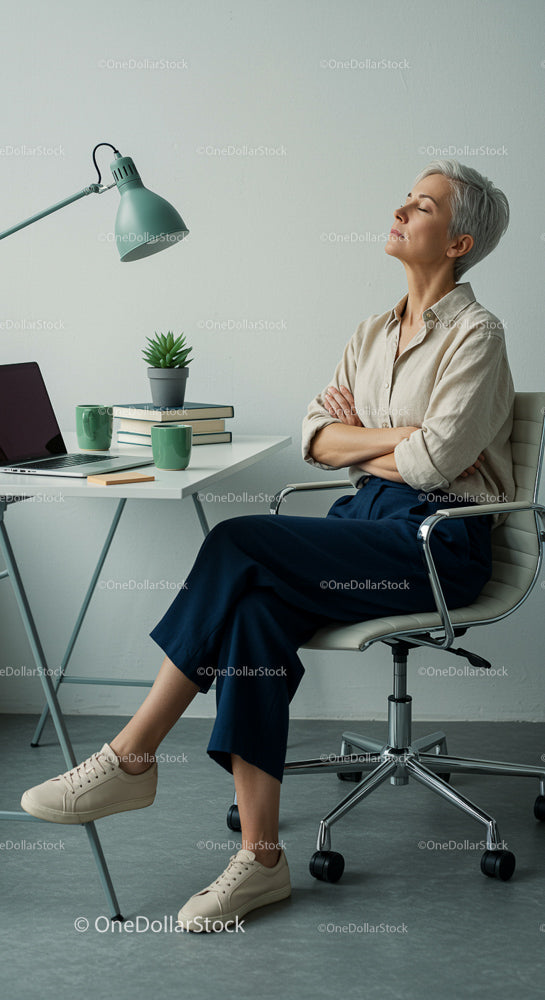 Senior Woman Relaxing in Modern Minimalistic Office