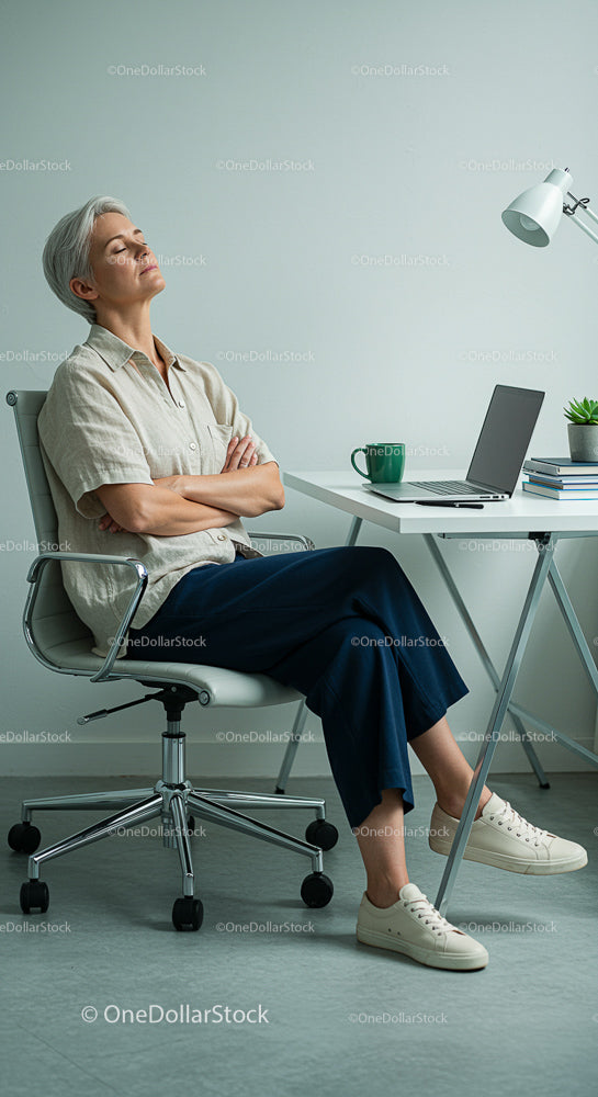 Senior Woman Relaxing at Modern Office Desk