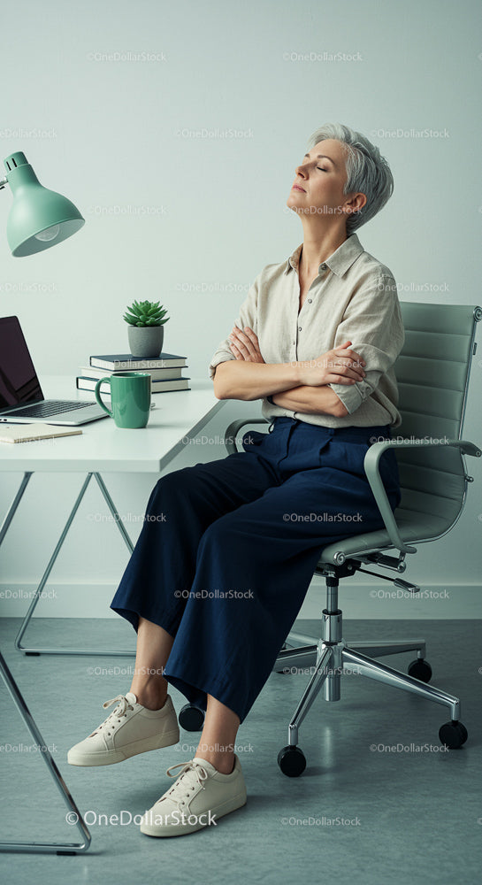 Senior Woman Relaxing at Modern Office Workspace