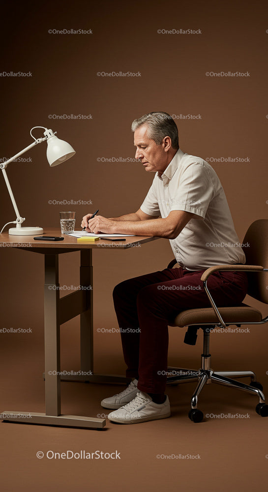 Mature Businessman Working at Desk in Modern Office Setting