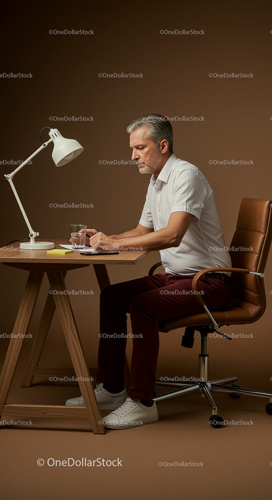 Mature Man Concentrating at a Modern Home Office Desk