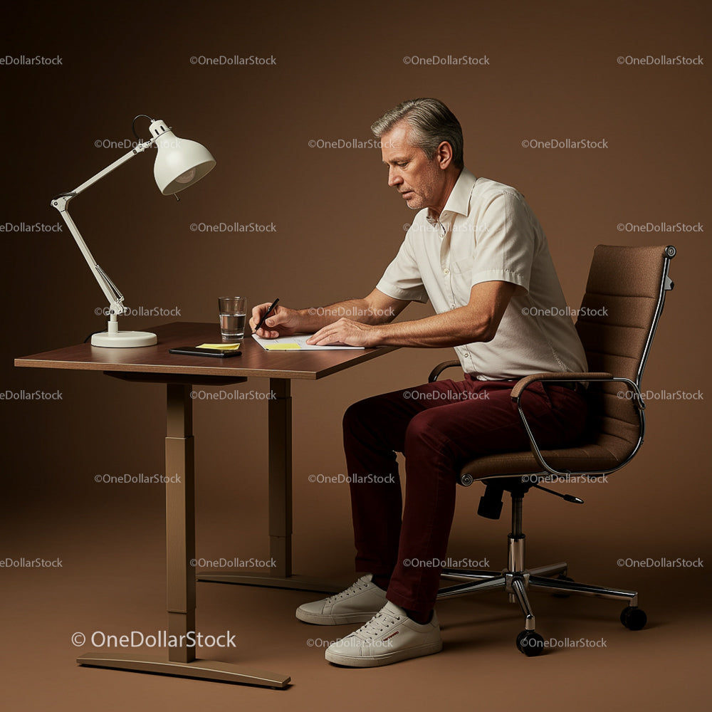 Senior Man Writing at Modern Office Desk