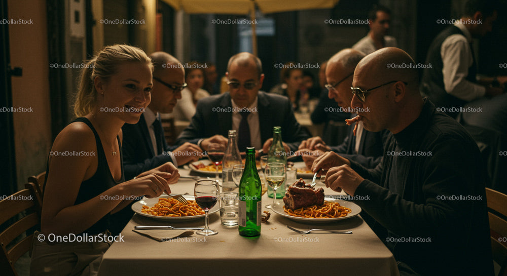 Friends Enjoying Spaghetti Dinner in Elegant Restaurant