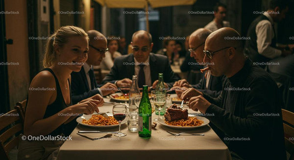 Friends Enjoying Spaghetti Dinner in Elegant Restaurant
