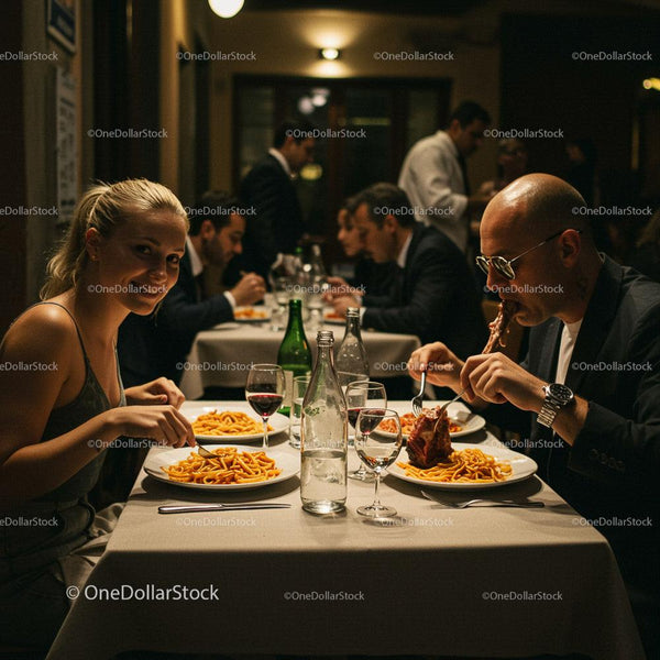 Elegant Dinner Date in Italian Restaurant with Pasta