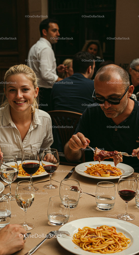 Friends Enjoying Pasta and Wine at an Italian Restaurant